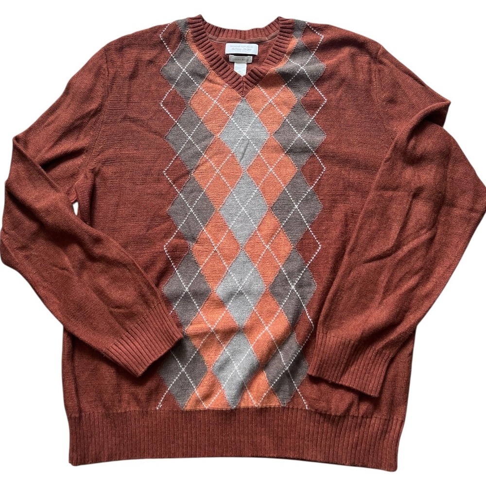 Banana Republic Mens Argyle Sweater Luxury Blend Cashmere Angora V-Neck Rust L